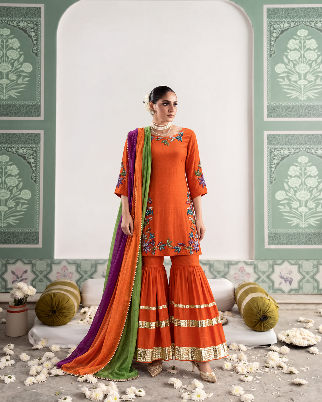 Blunt Orange Embroidered Gharara Suit
