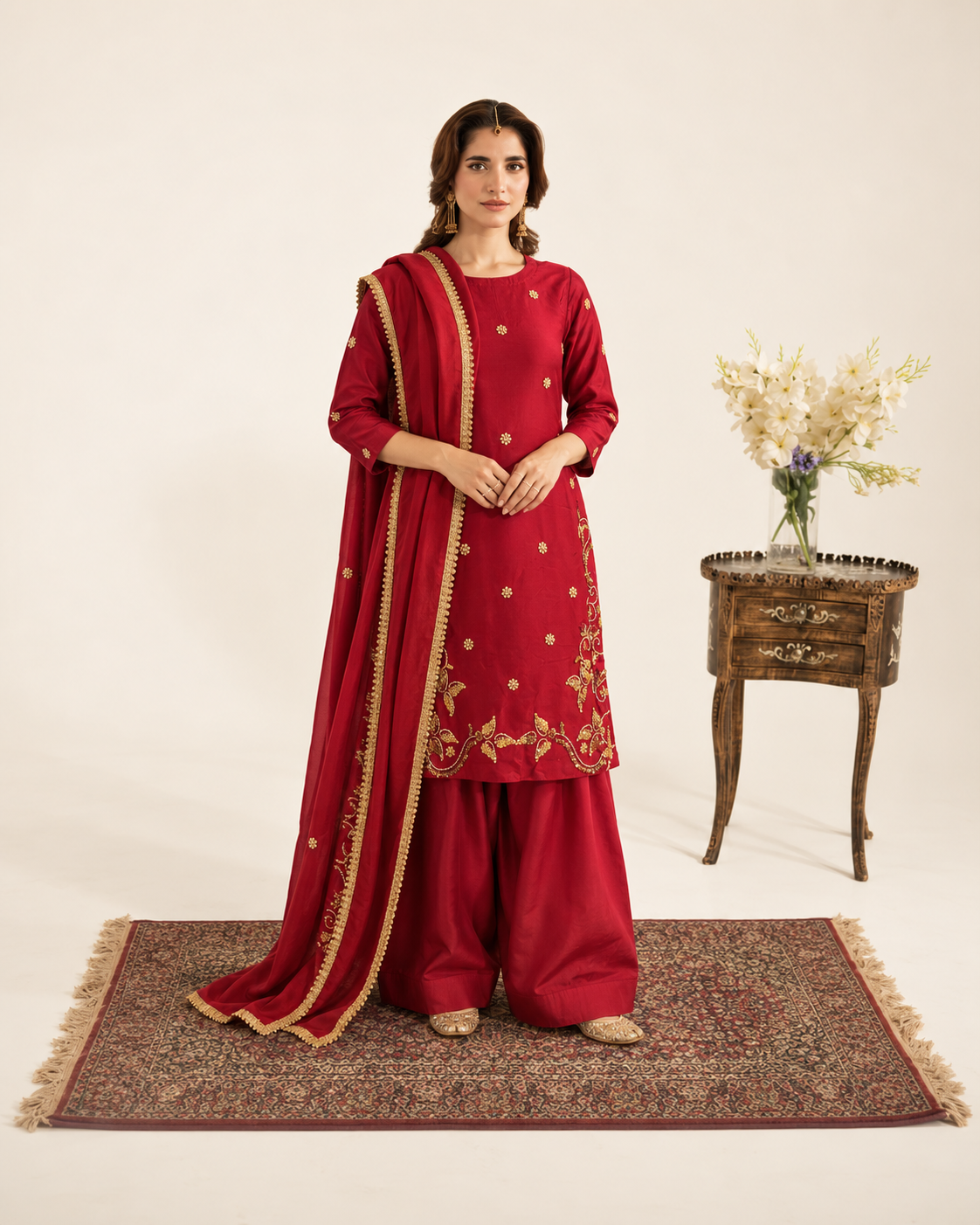 Maroon Golden Embellished Silk Suit