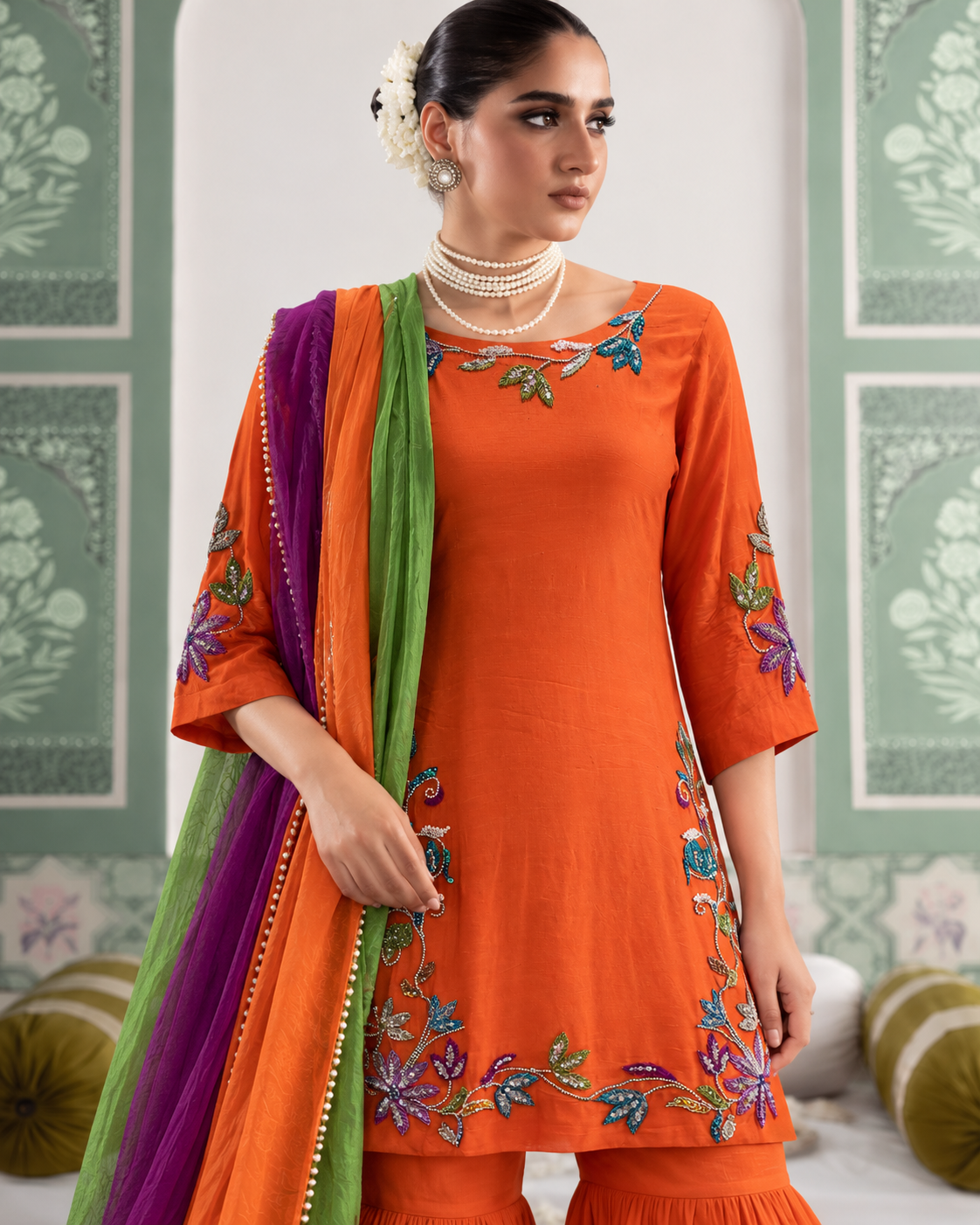 Blunt Orange Embroidered Gharara Suit