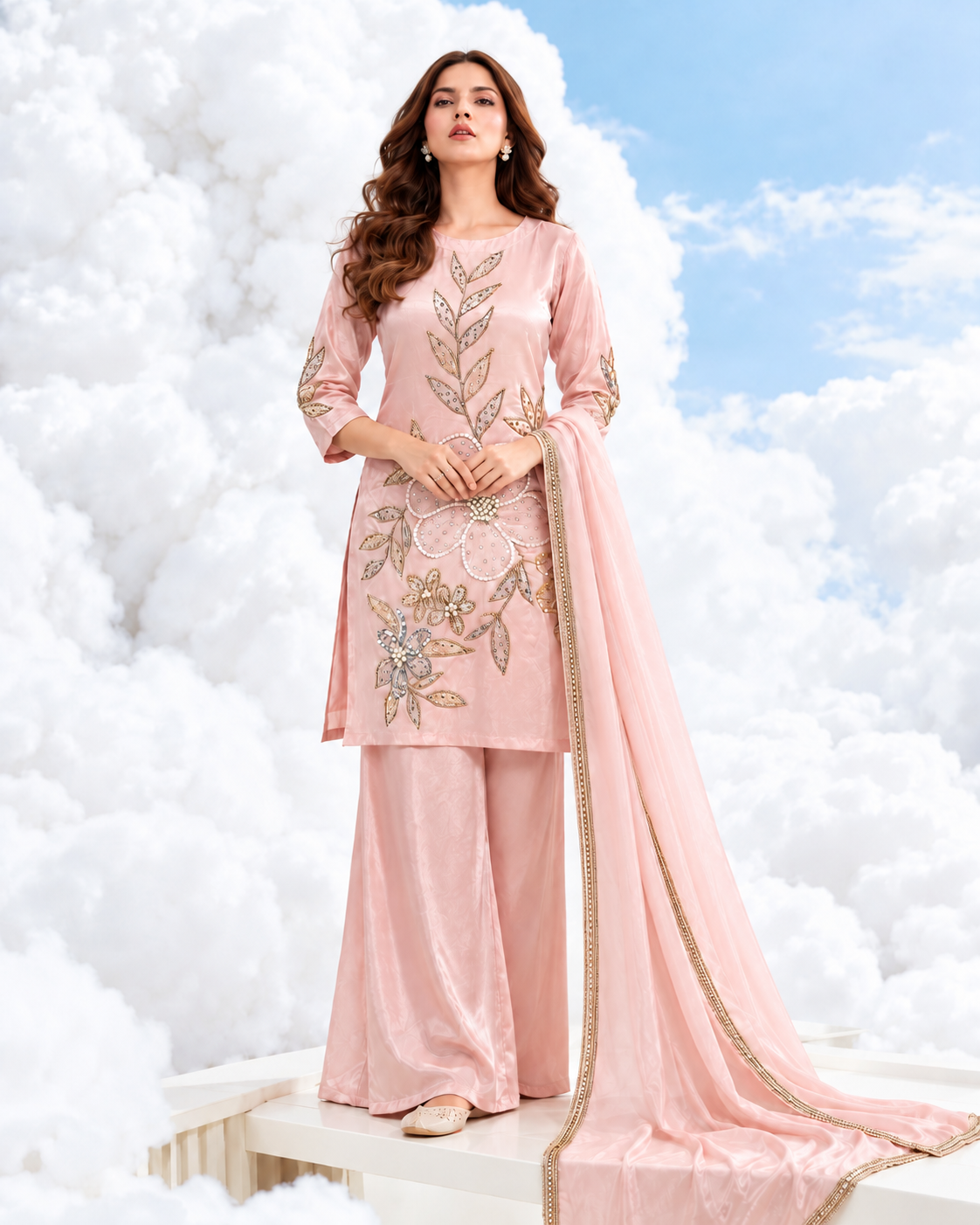 Embellished Russian Grip Silk Plazo Suit