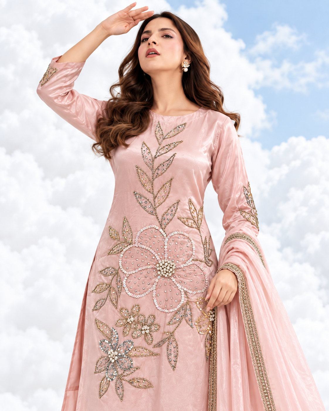 Embellished Russian Grip Silk Plazo Suit