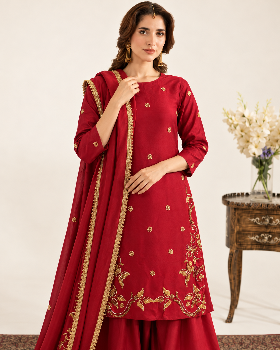 Maroon Golden Embellished Silk Suit
