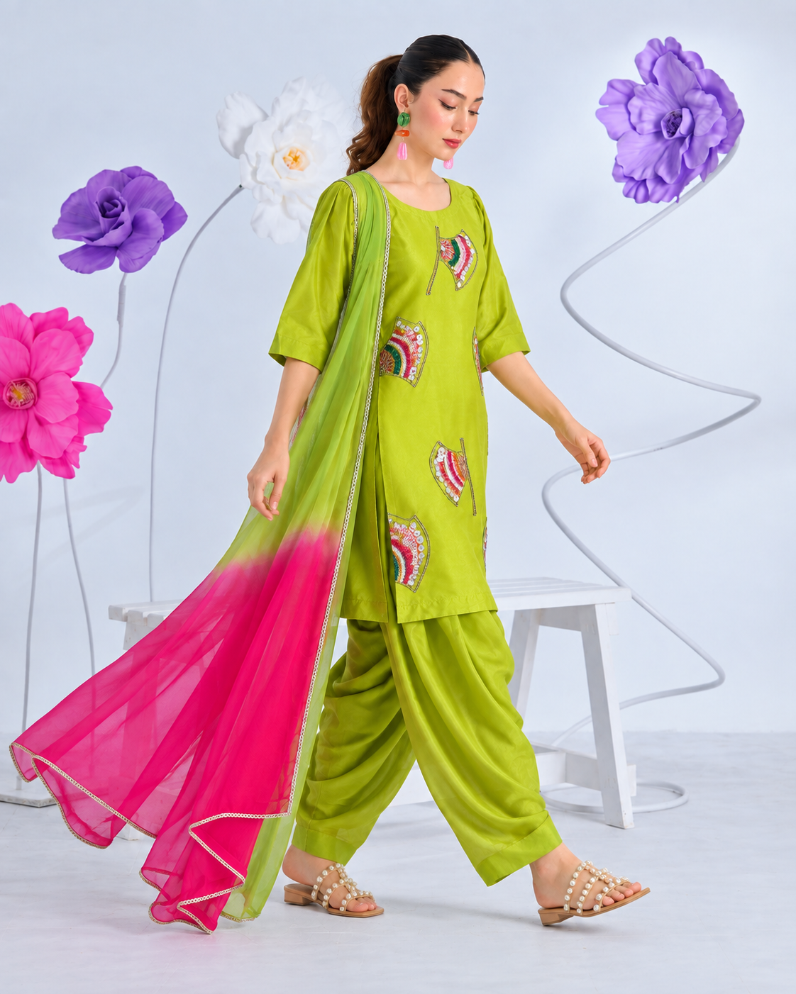 Fan Embellished Silk Farshi Shalwar Suit