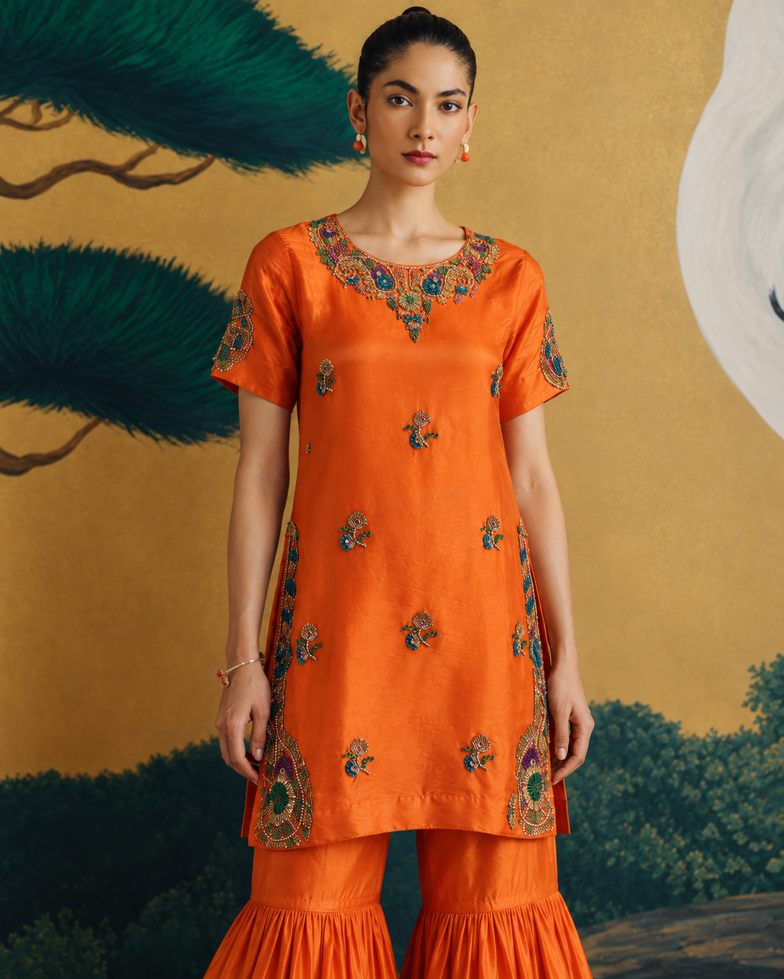 Blunt Orange Embroidered Silk Gharara Suit