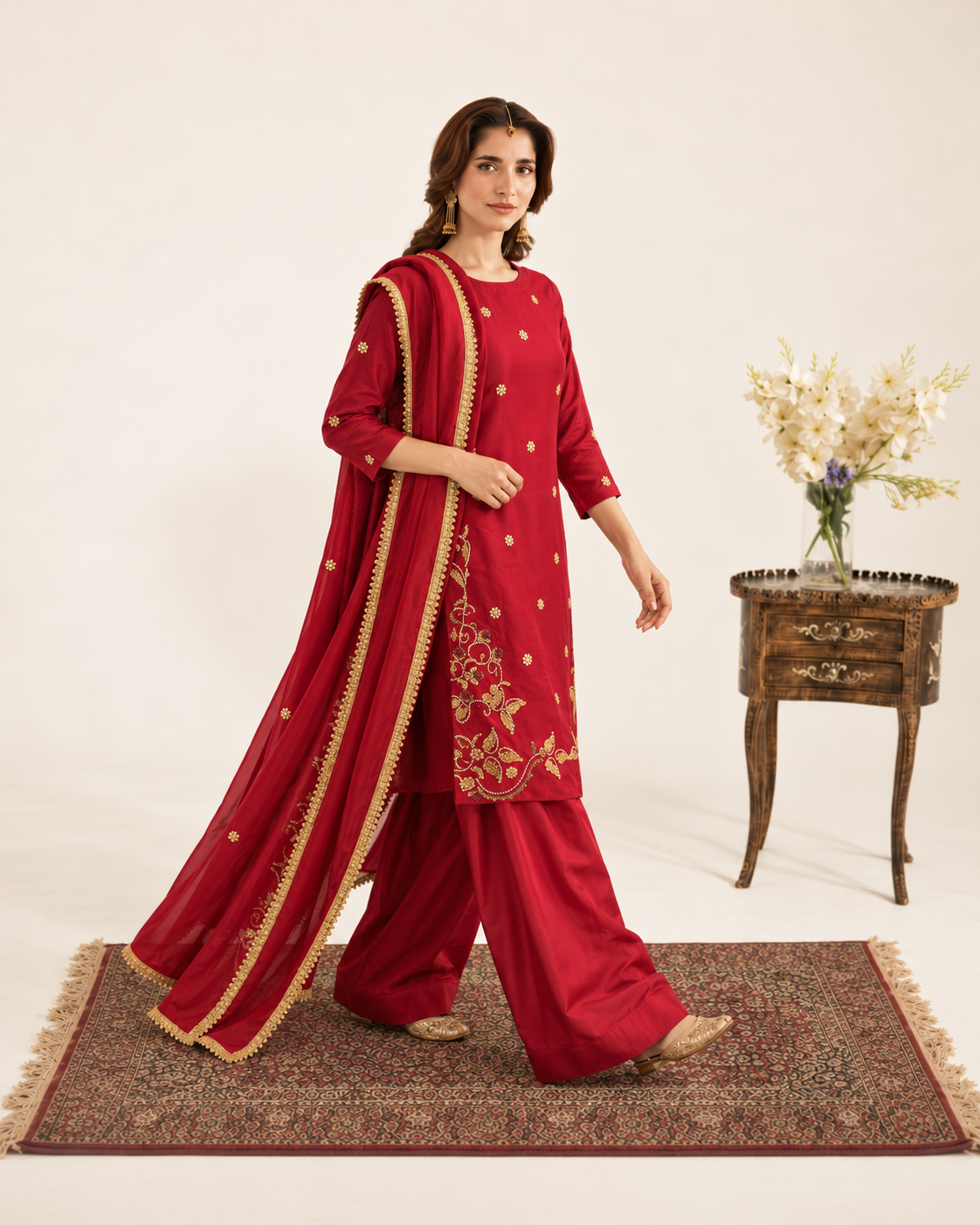Maroon Golden Embellished Silk Suit