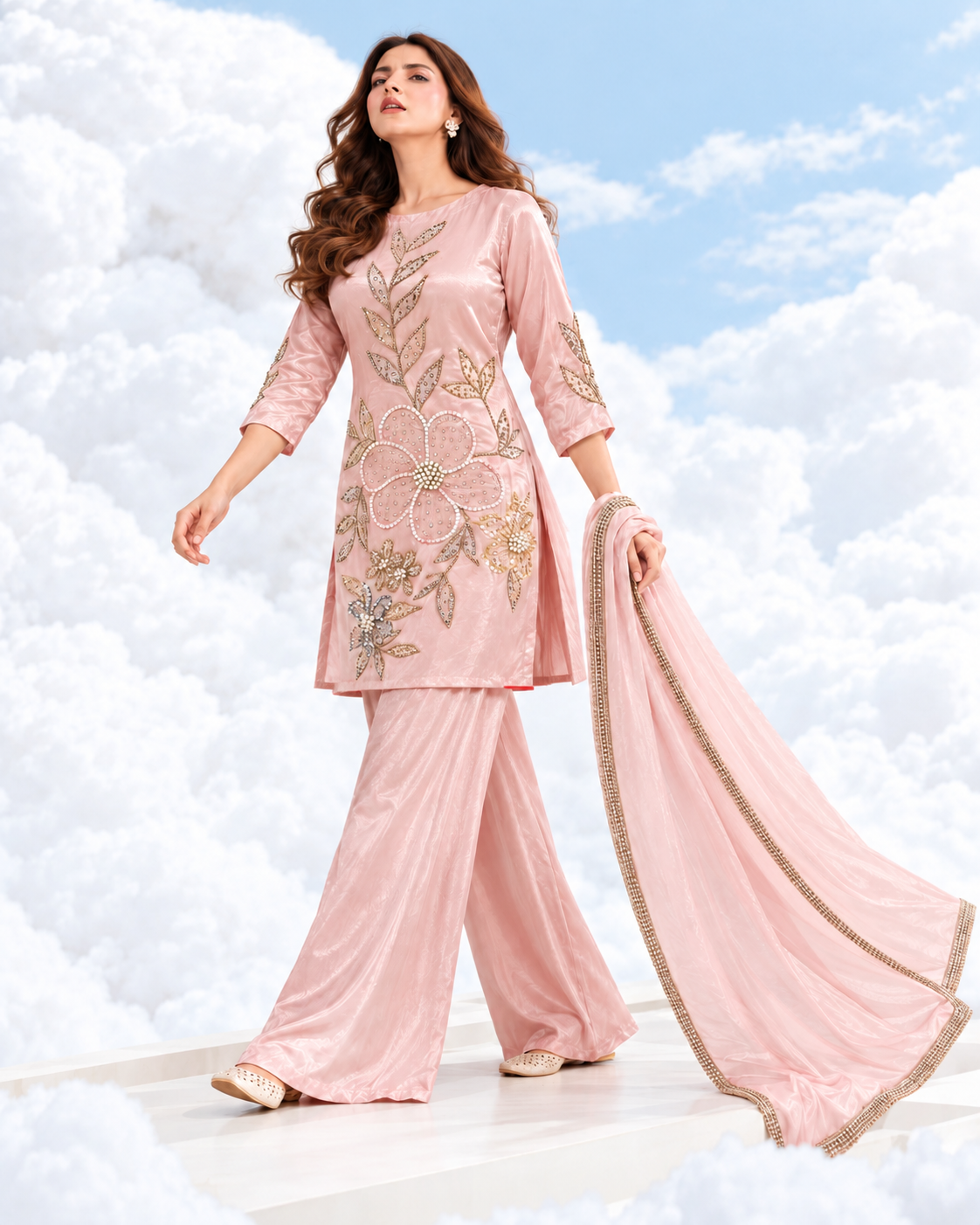 Embellished Russian Grip Silk Plazo Suit