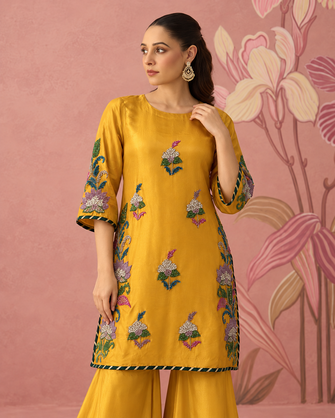 Kora & Sequin Embellished Tussal Silk Plazo Suit