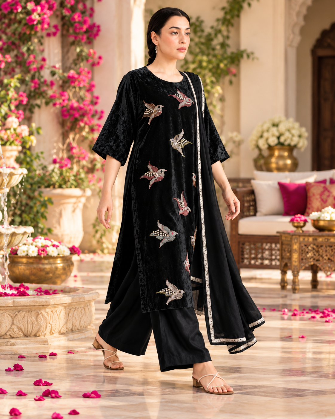 Velvet Bird Motif Suit Set