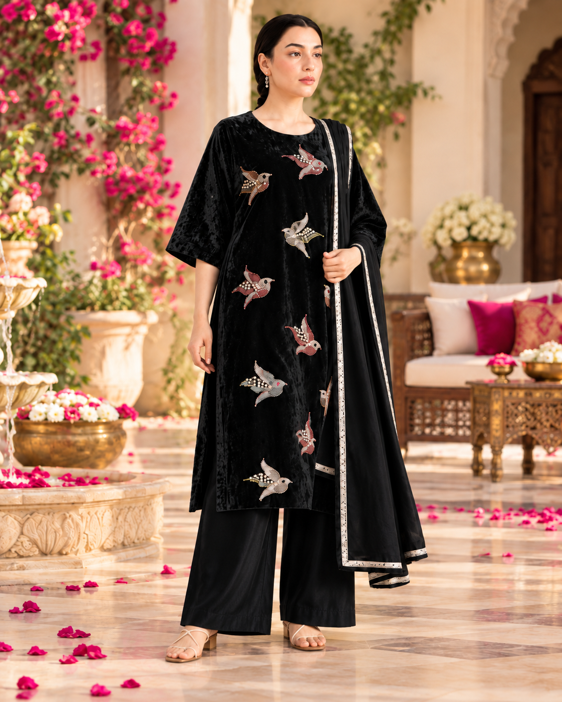 Velvet Bird Motif Suit Set