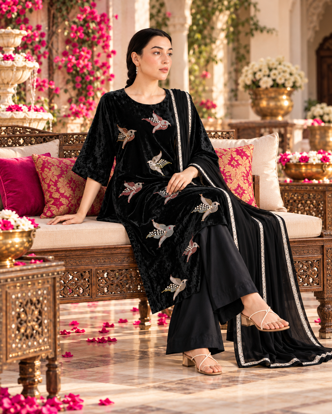 Velvet Bird Motif Suit Set