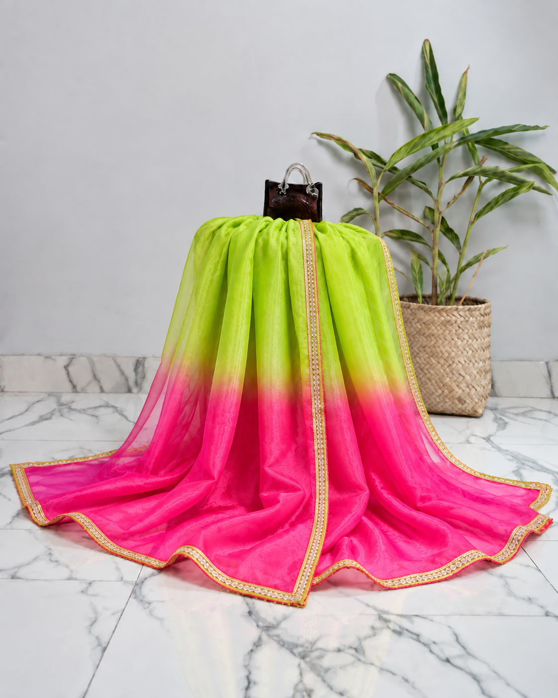 Dual-Tone Lime Green & Hot Pink Ombre Dupatta