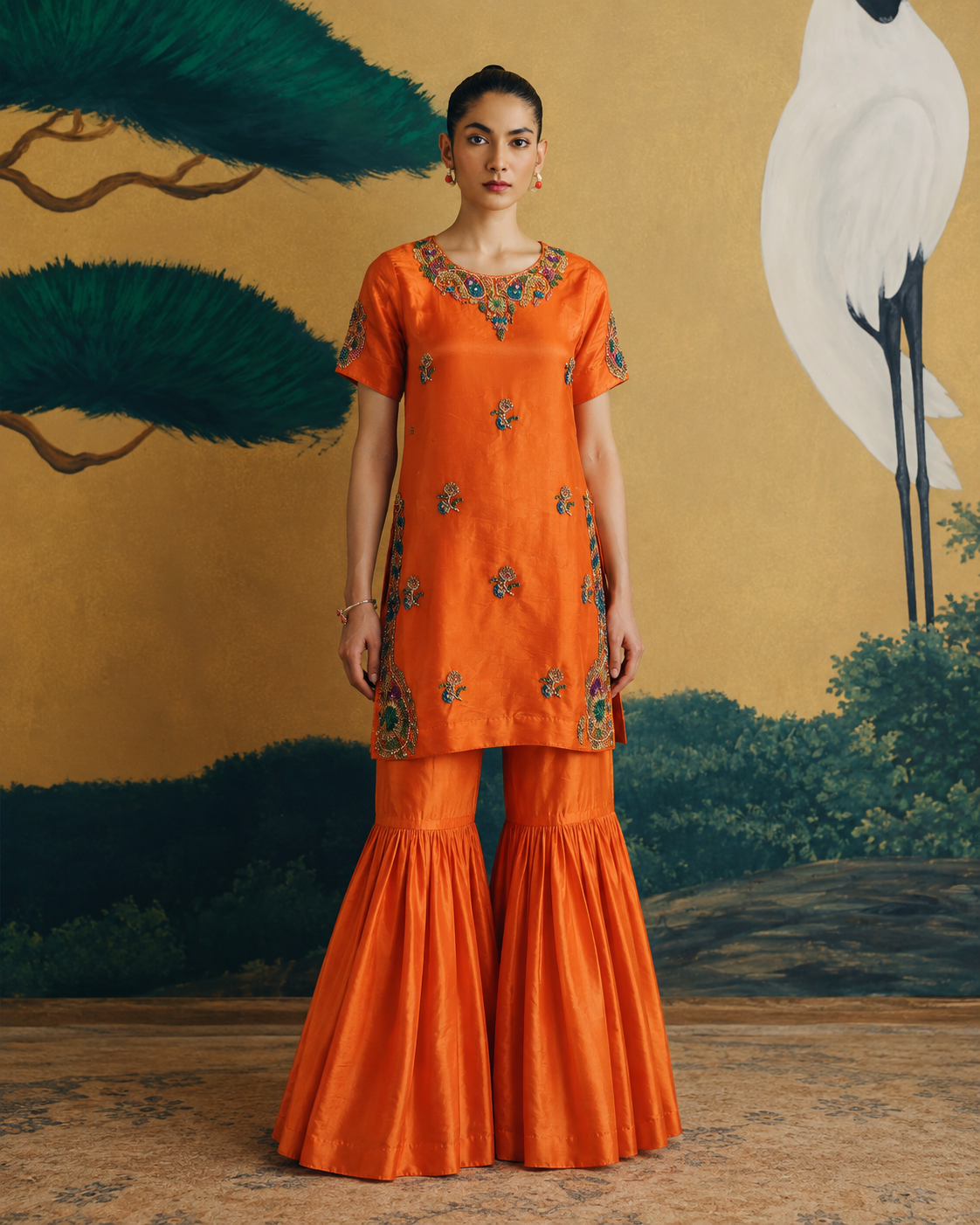 Blunt Orange Embroidered Silk Gharara Suit