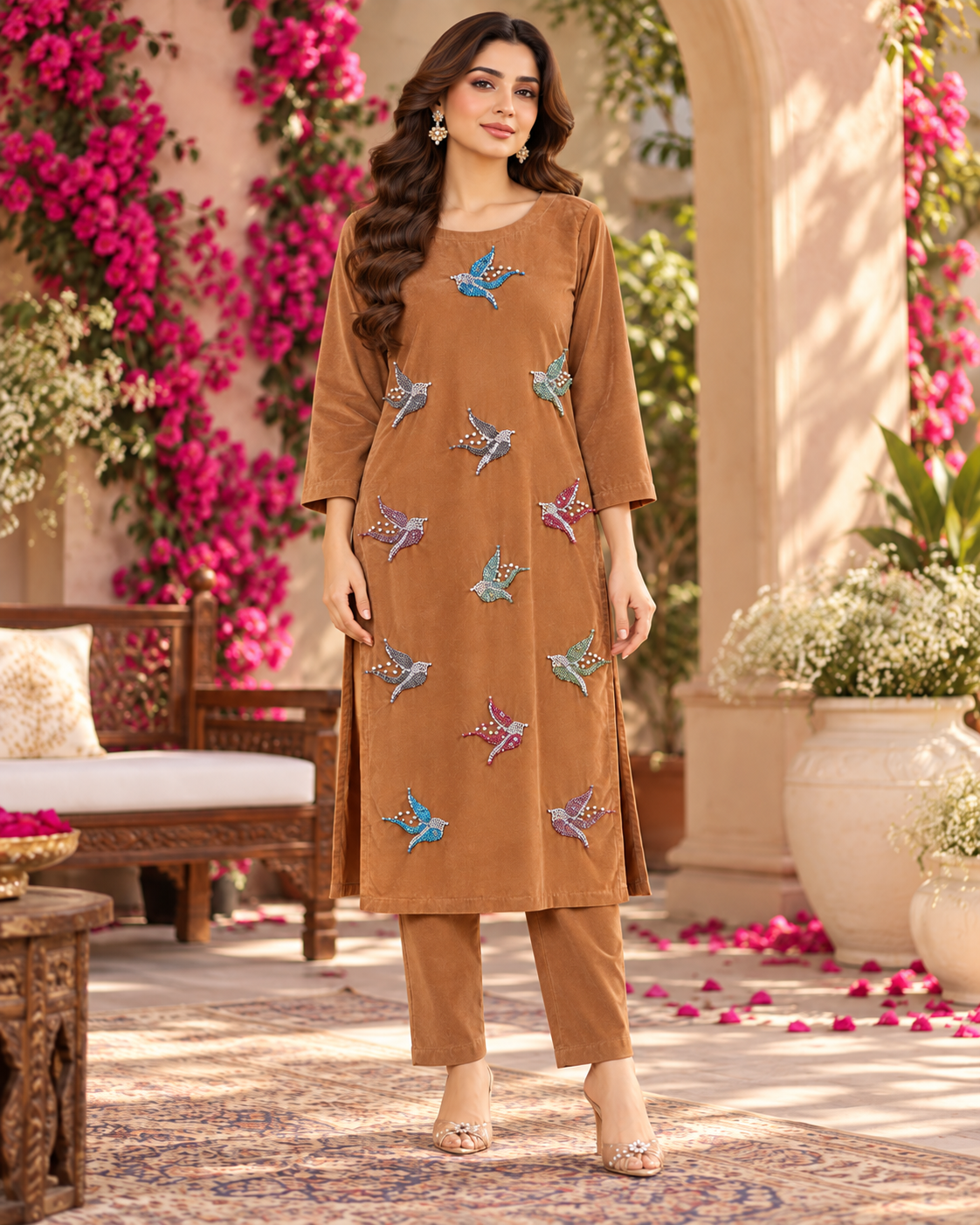 Camel Velvet Bird Motif Co-ord