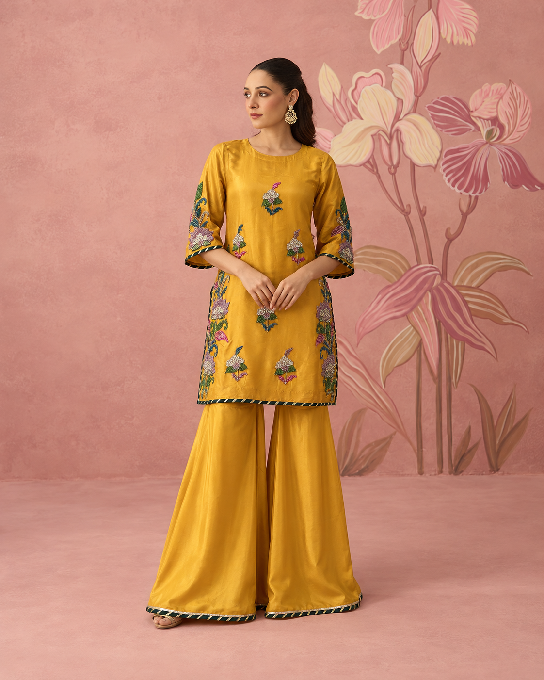 Kora & Sequin Embellished Tussal Silk Plazo Suit
