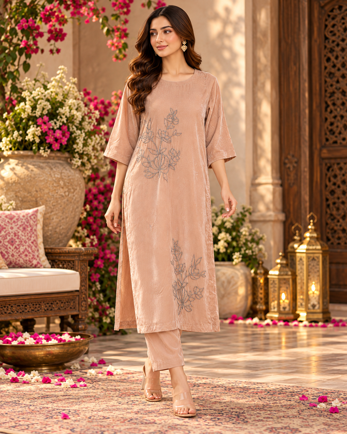 Beige Velvet Elegance Ensemble