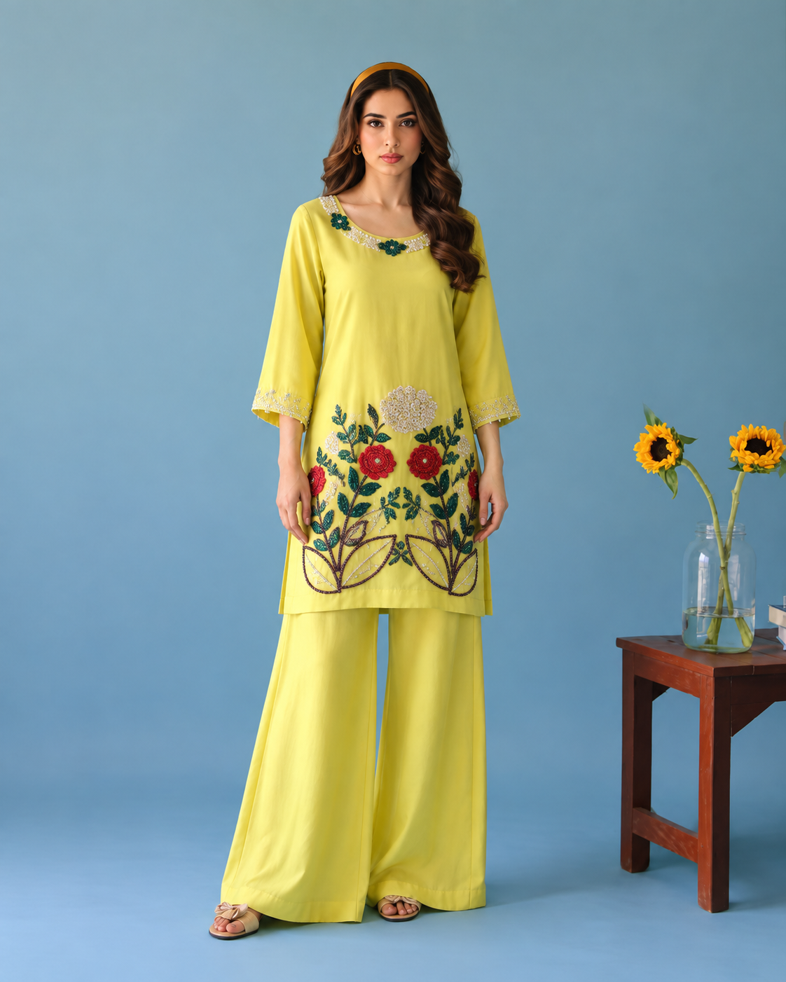 Lemon Yellow Embellished Silk Plazo Suit