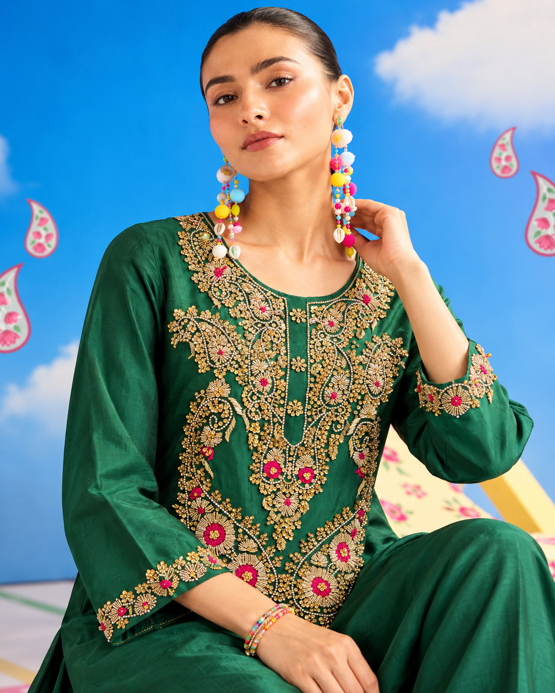 Kora & Resham Embellished Tussal Silk Suit