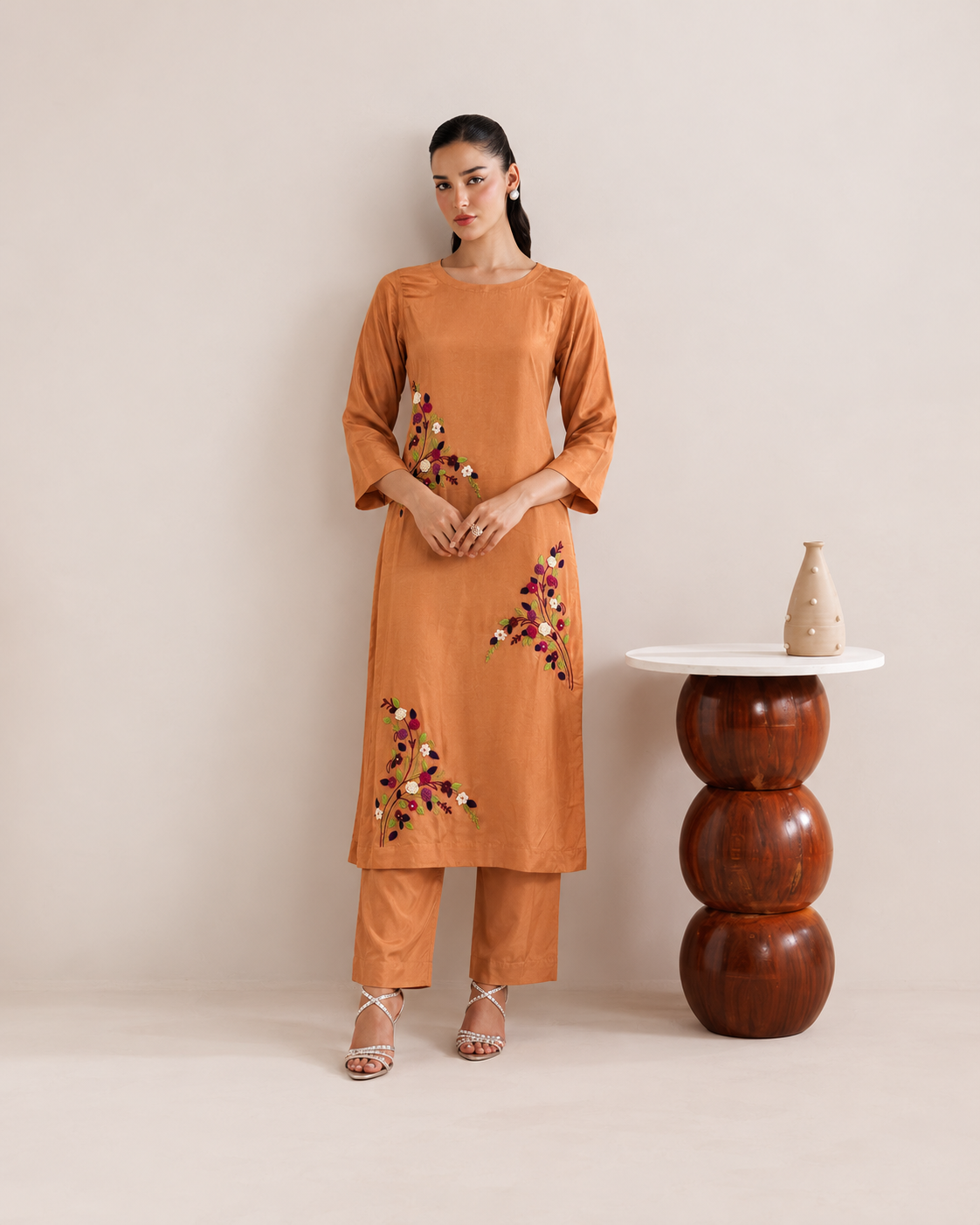 Peach Hand-Embroidered Lawn Silk Suit