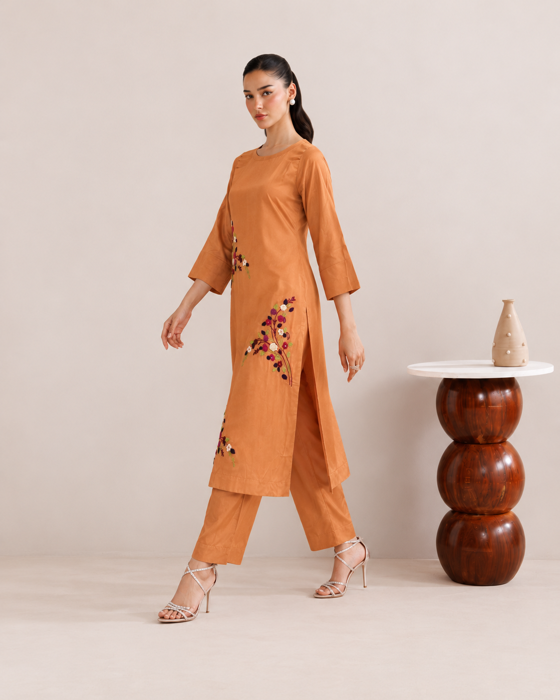 Peach Hand-Embroidered Lawn Silk Suit