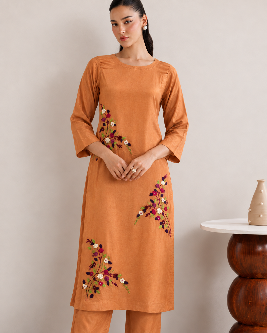 Peach Hand-Embroidered Lawn Silk Suit
