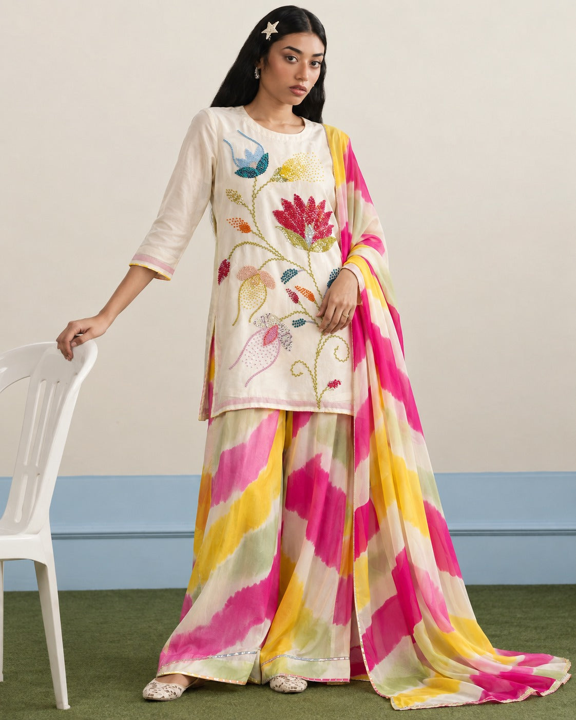 Off-White Floral Sharara Set with Vibrant Dupatta
