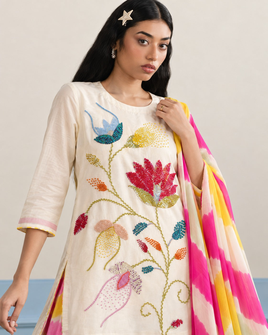 Off-White Floral Sharara Set with Vibrant Dupatta