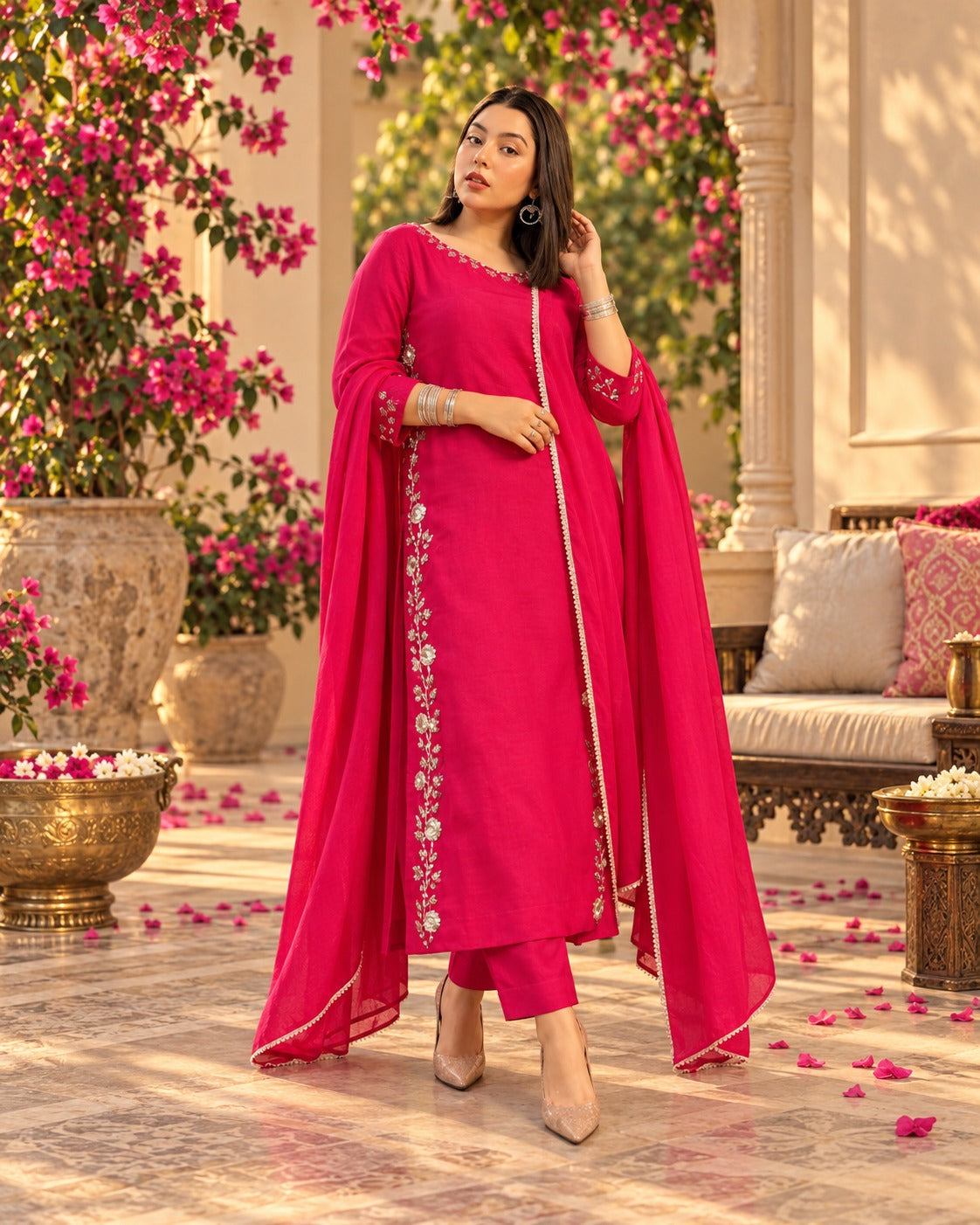 Hot Pink Silk Embroidered Suit