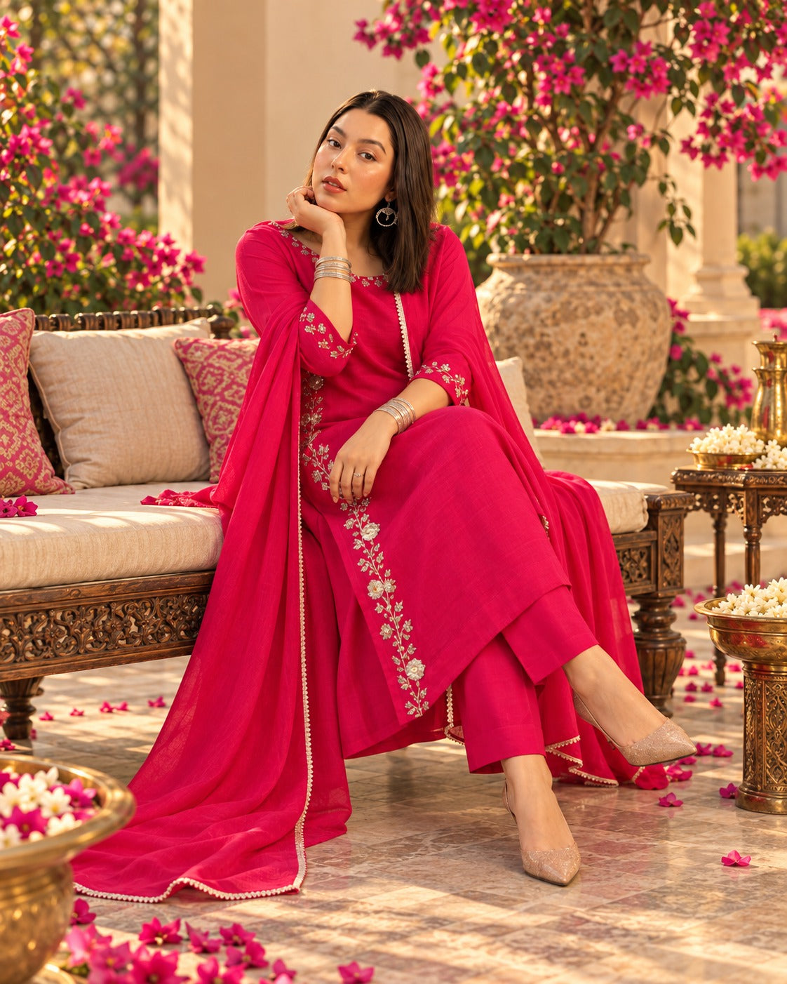 Hot Pink Silk Embroidered Suit