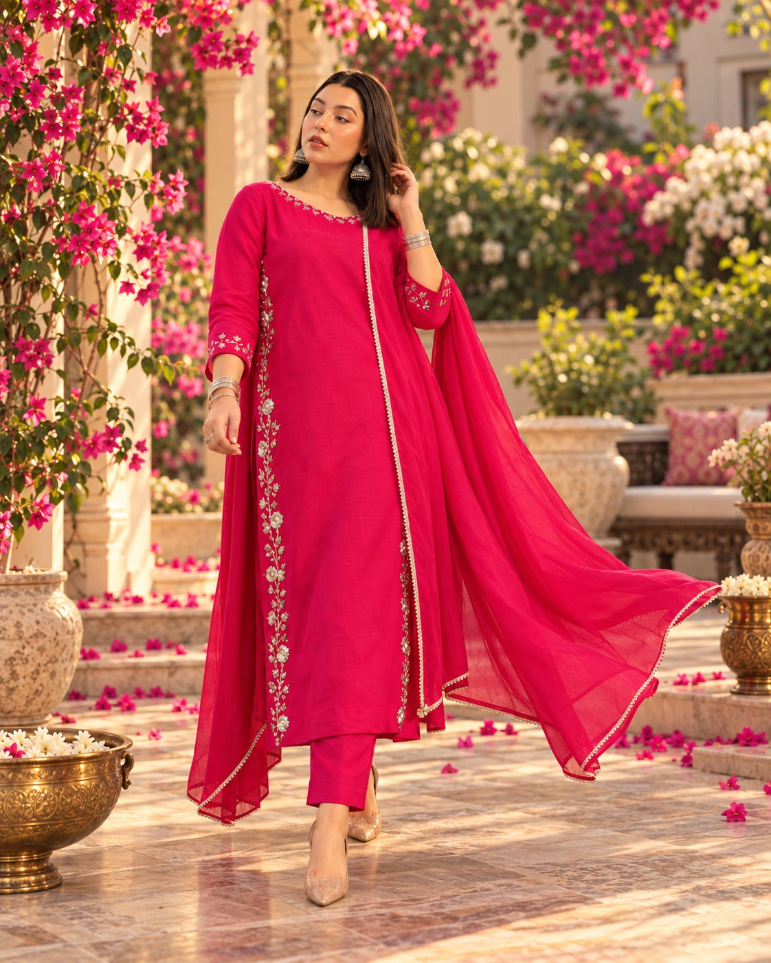Hot Pink Silk Embroidered Suit