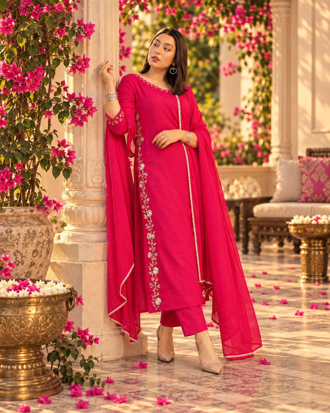 Hot Pink Silk Embroidered Suit