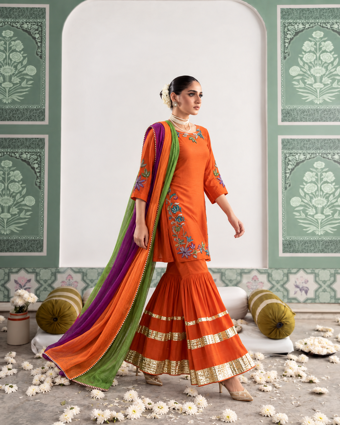 Blunt Orange Embroidered Gharara Suit