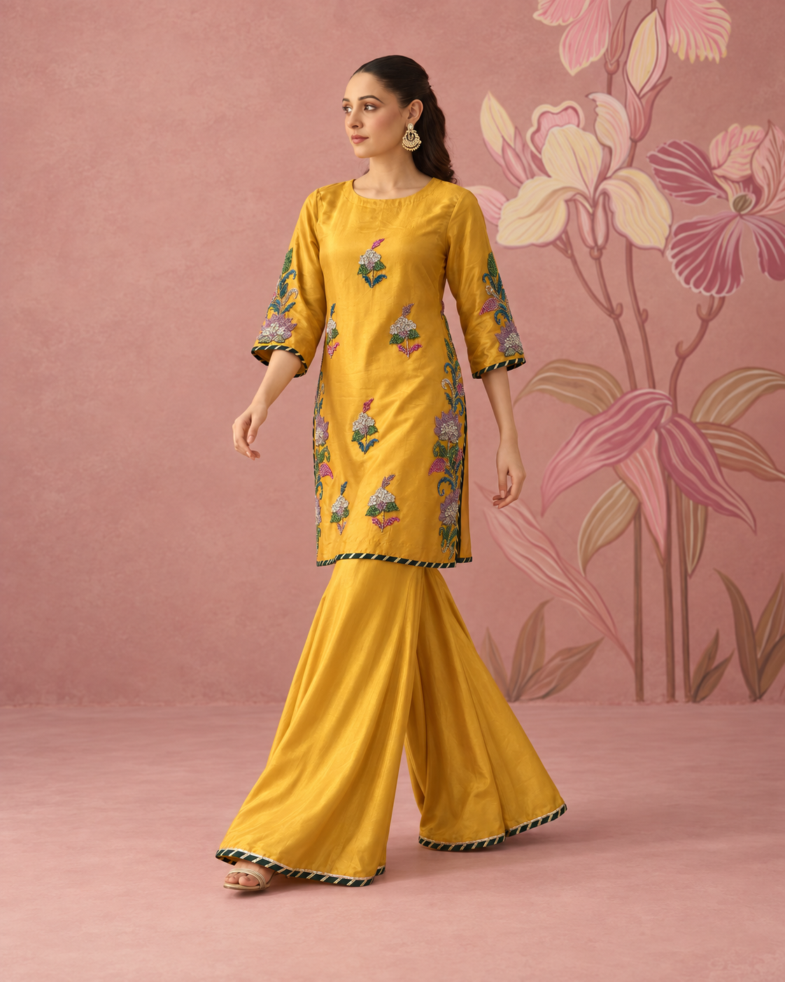 Kora & Sequin Embellished Tussal Silk Plazo Suit