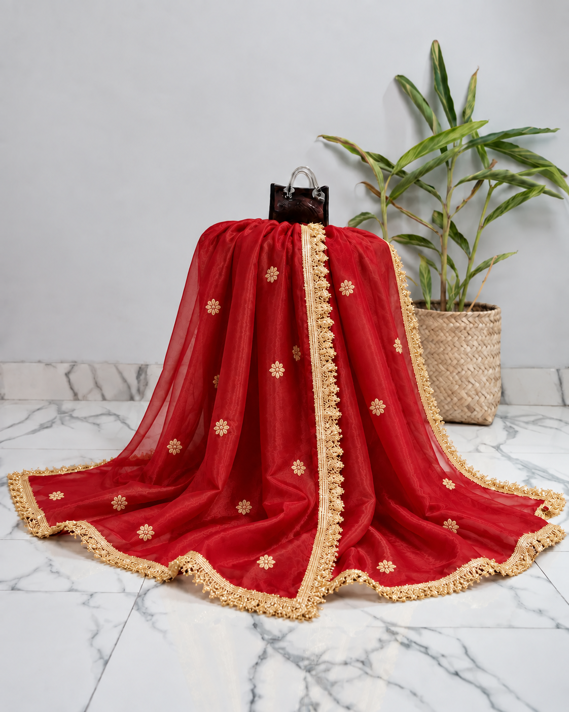 Bridal Red Embroidered Organza Dupatta with Heavy Pearl/Lace Border