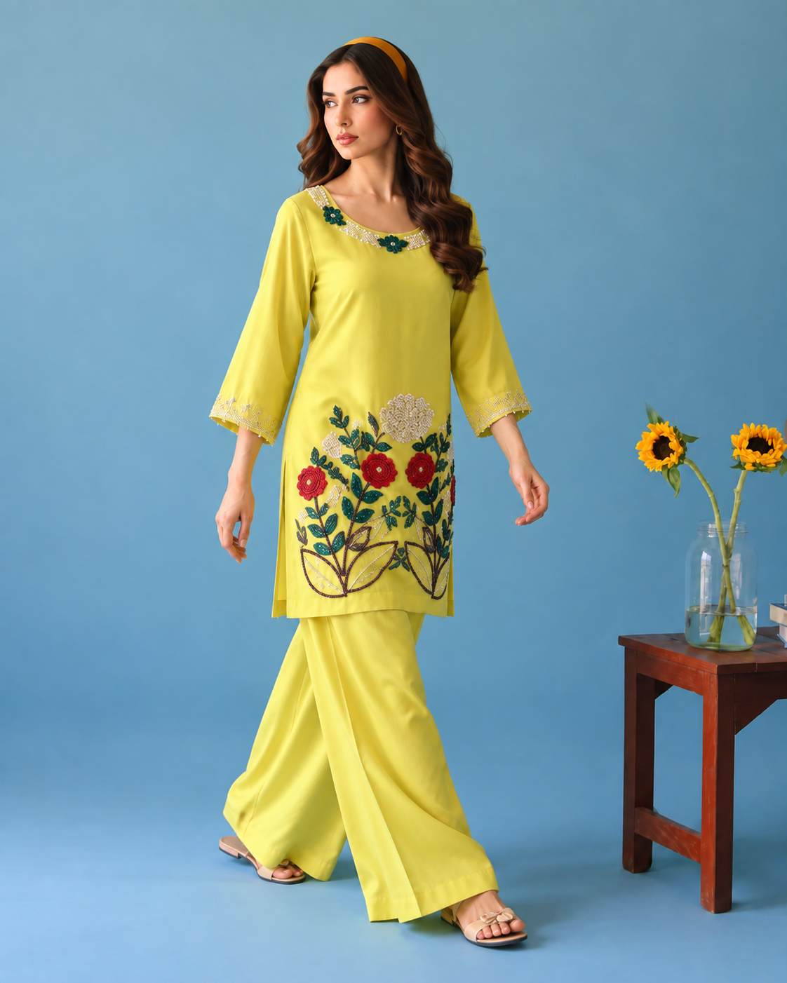 Lemon Yellow Embellished Silk Plazo Suit