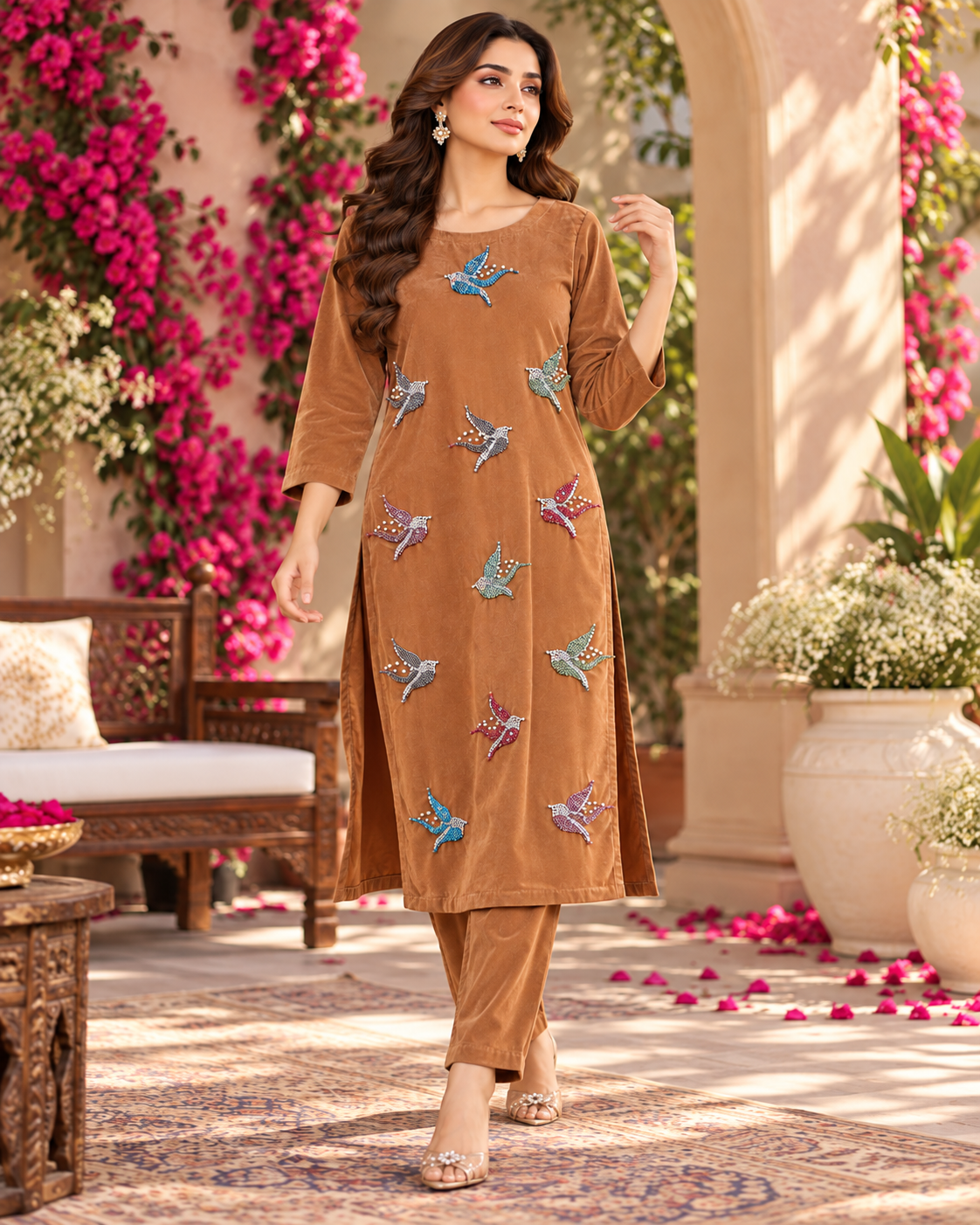 Camel Velvet Bird Motif Co-ord