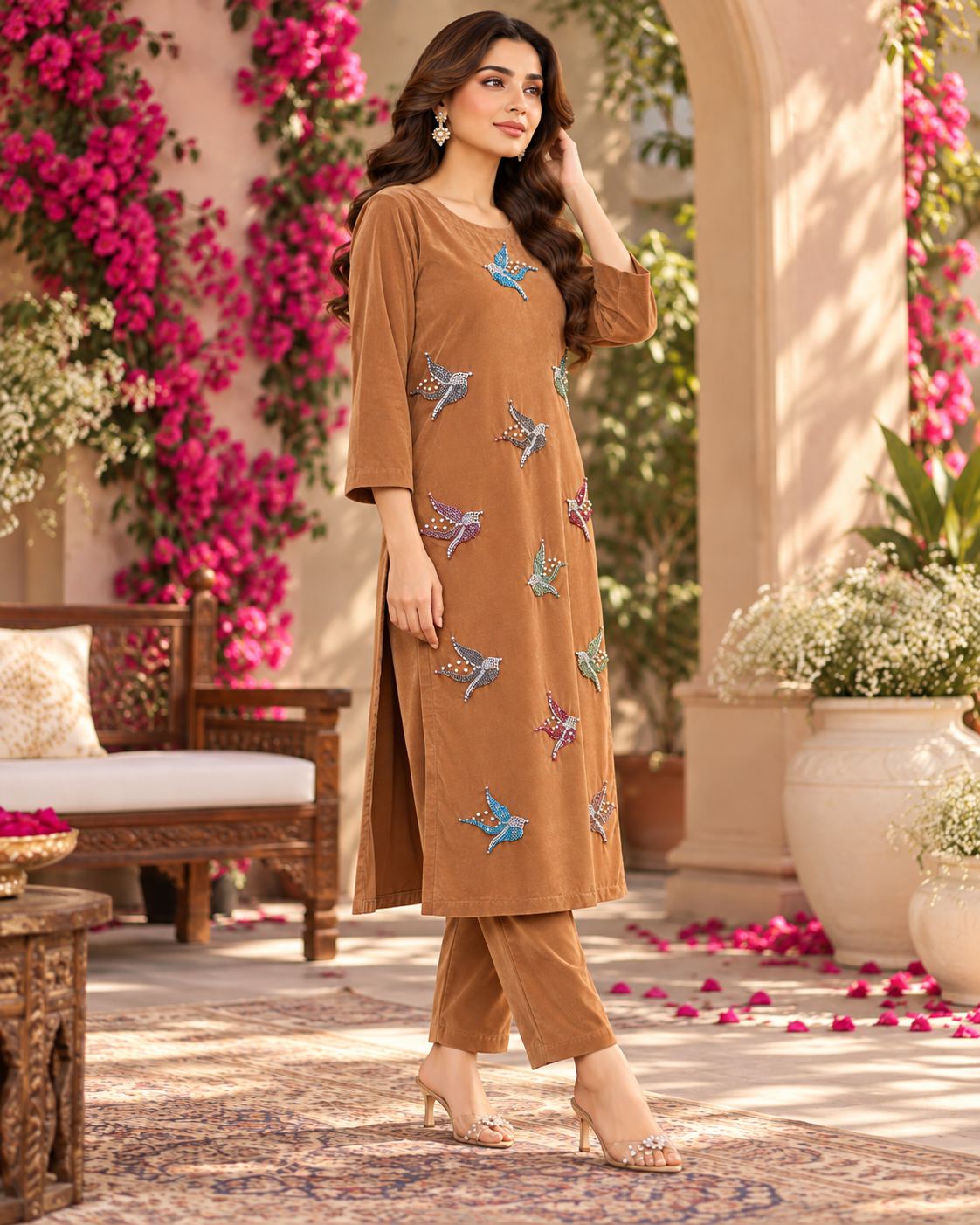 Camel Velvet Bird Motif Co-ord