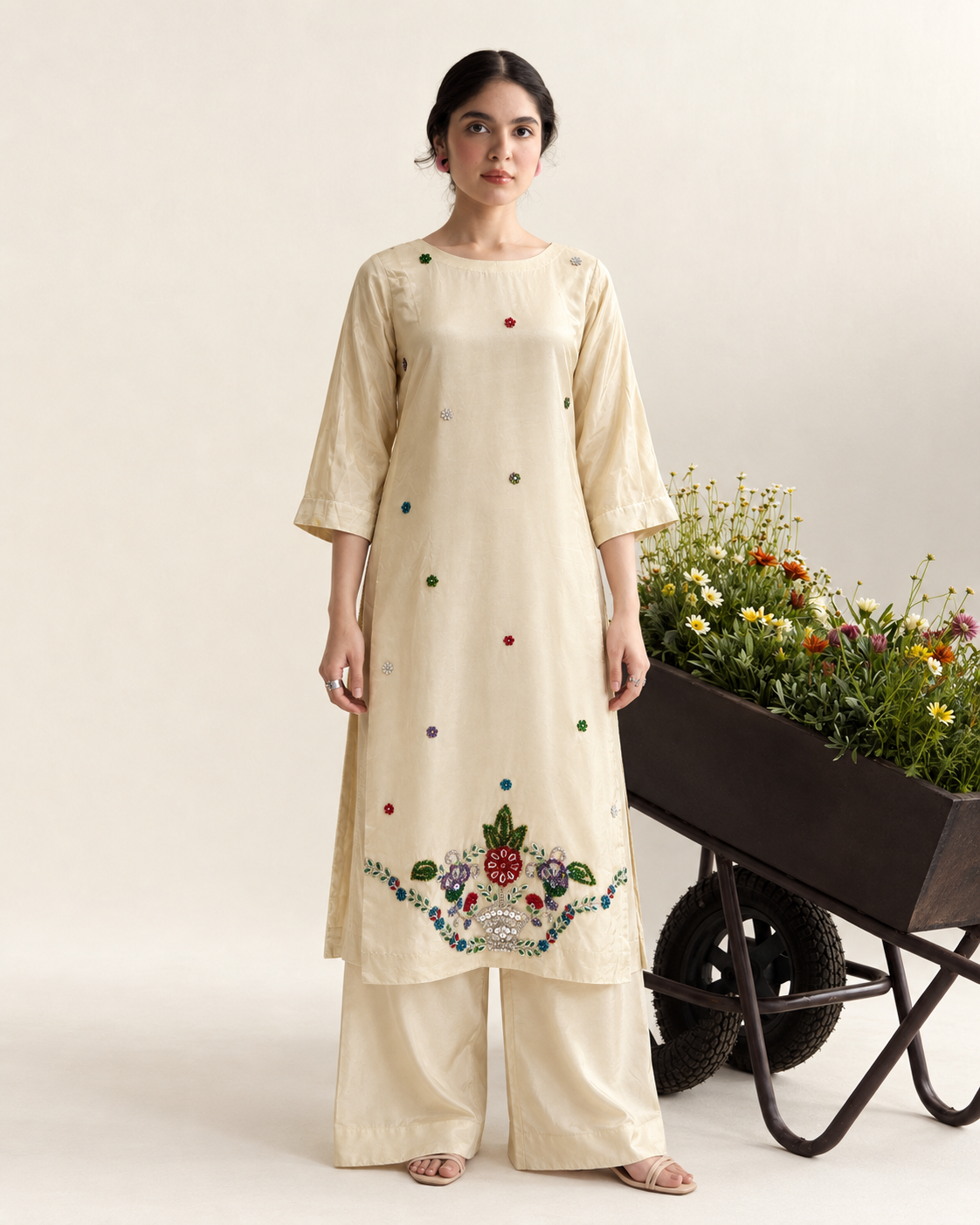 Floral Bucket Lawn Silk Suit