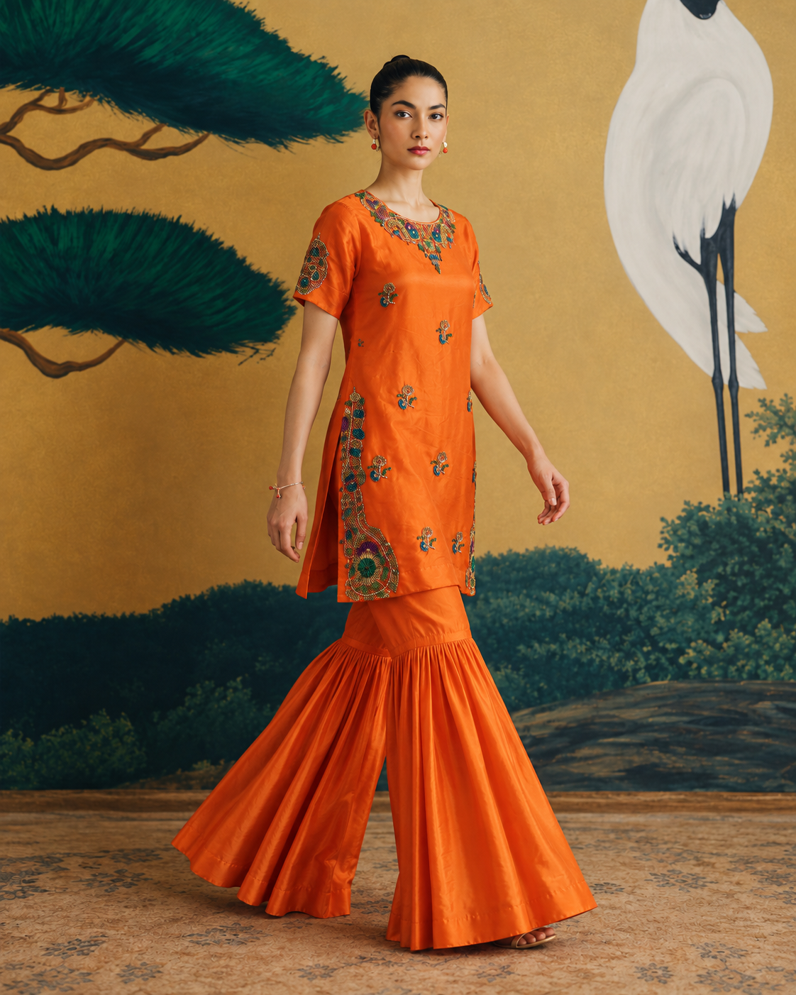 Blunt Orange Embroidered Silk Gharara Suit