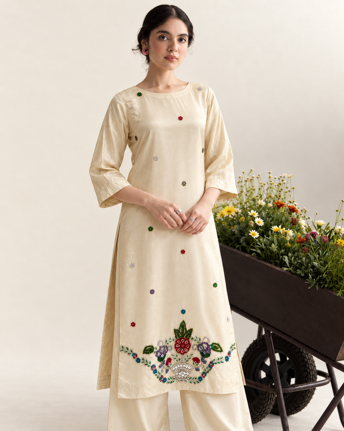 Floral Bucket Lawn Silk Suit