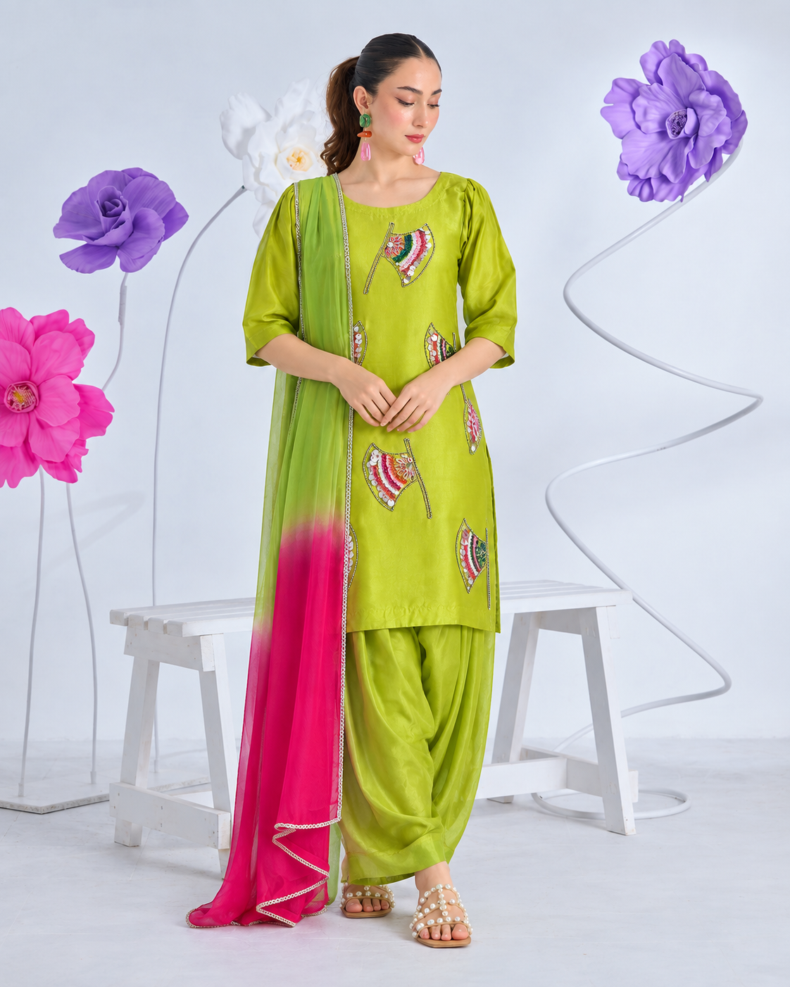 Fan Embellished Silk Farshi Shalwar Suit