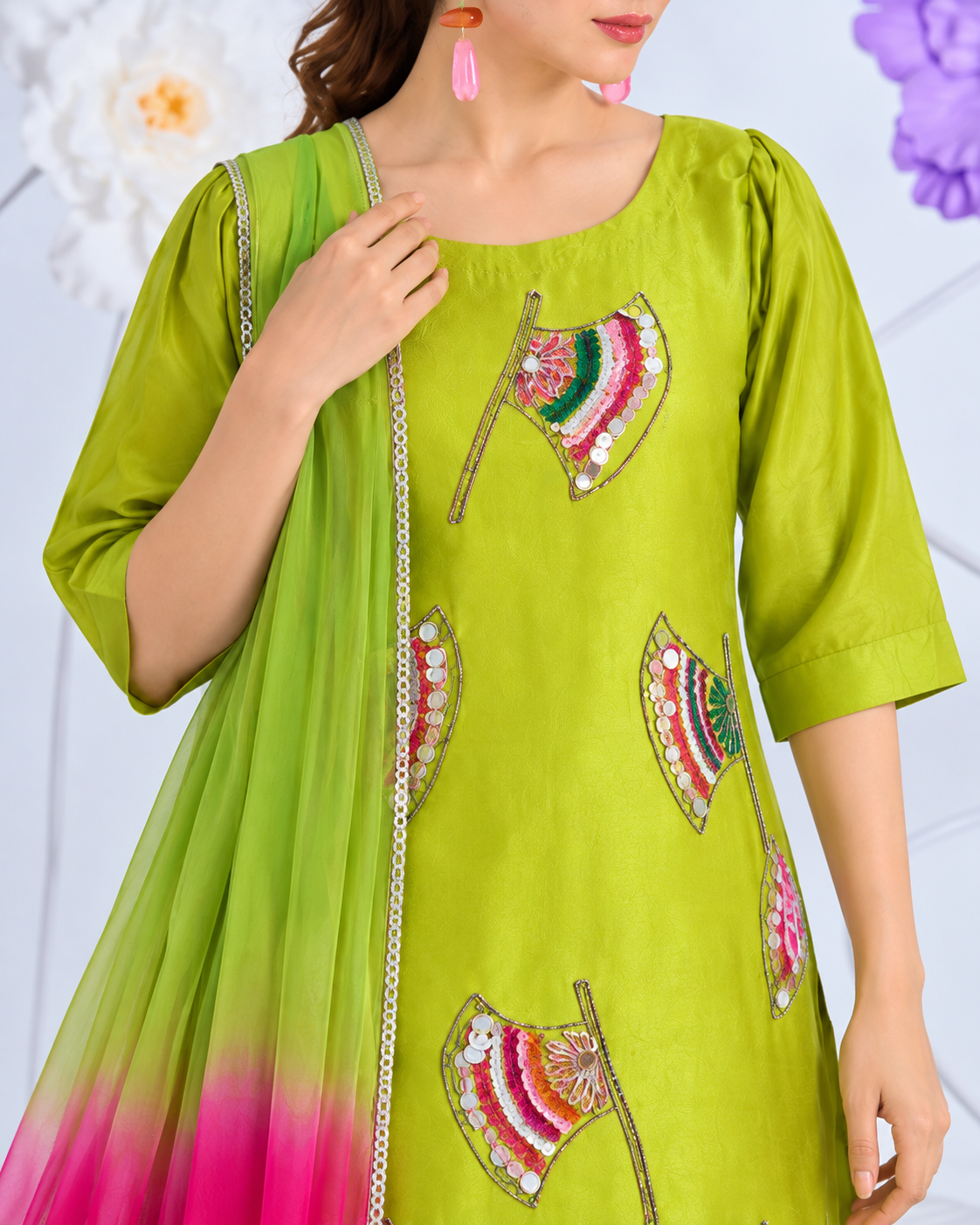 Fan Embellished Silk Farshi Shalwar Suit