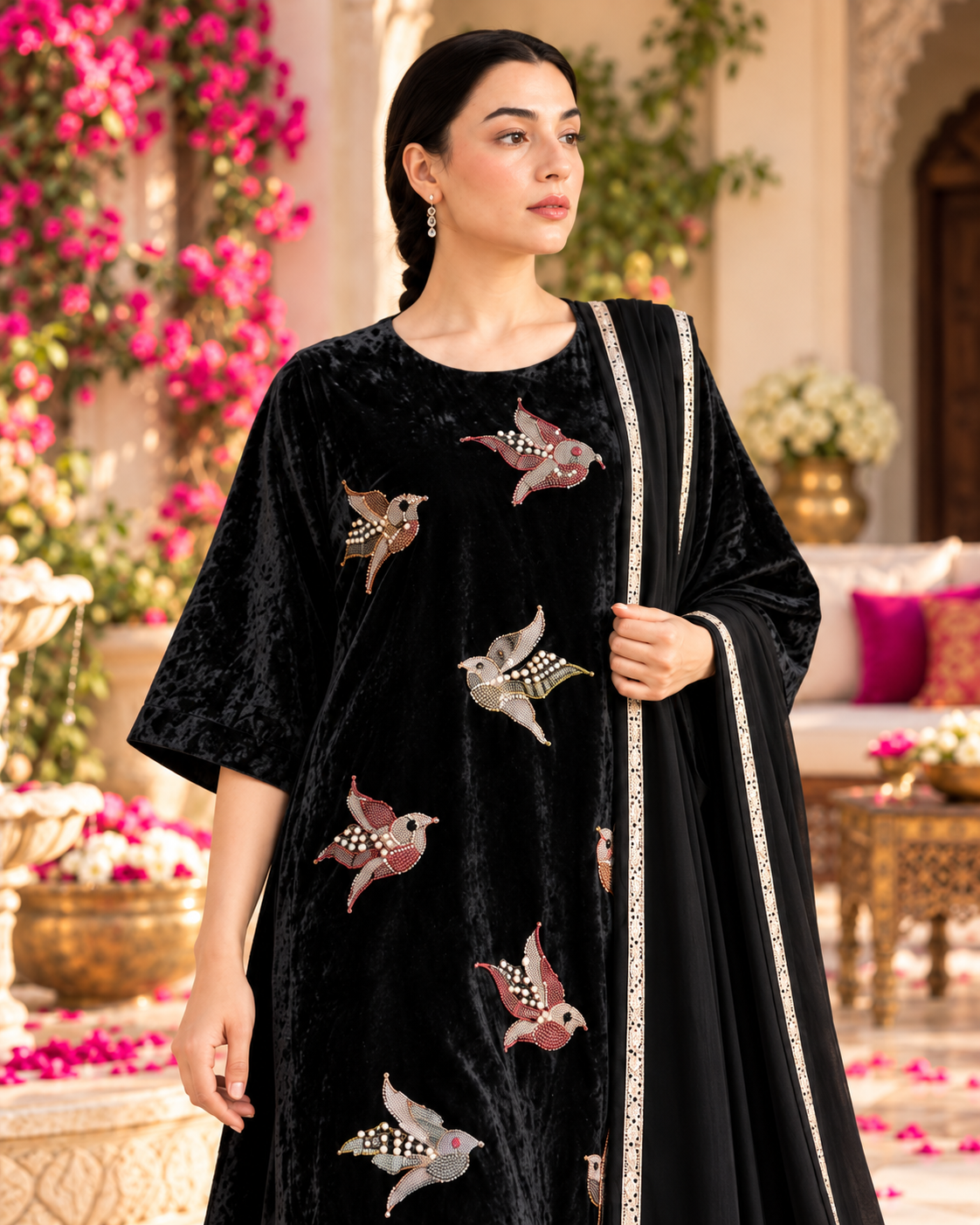 Velvet Bird Motif Suit Set